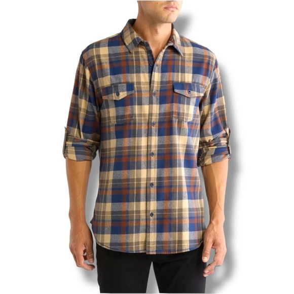 Burnside Men's Casual Plaid Long Cuffed Sleeve Flannel Blue/Brown Button Down - Picture 2 of 16